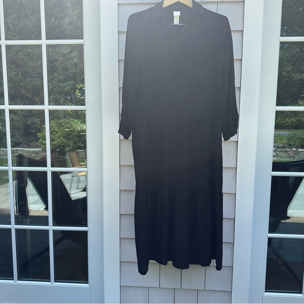 H&M Elegant Black Collar Tiered Midi Dress - Picture 6 of 7